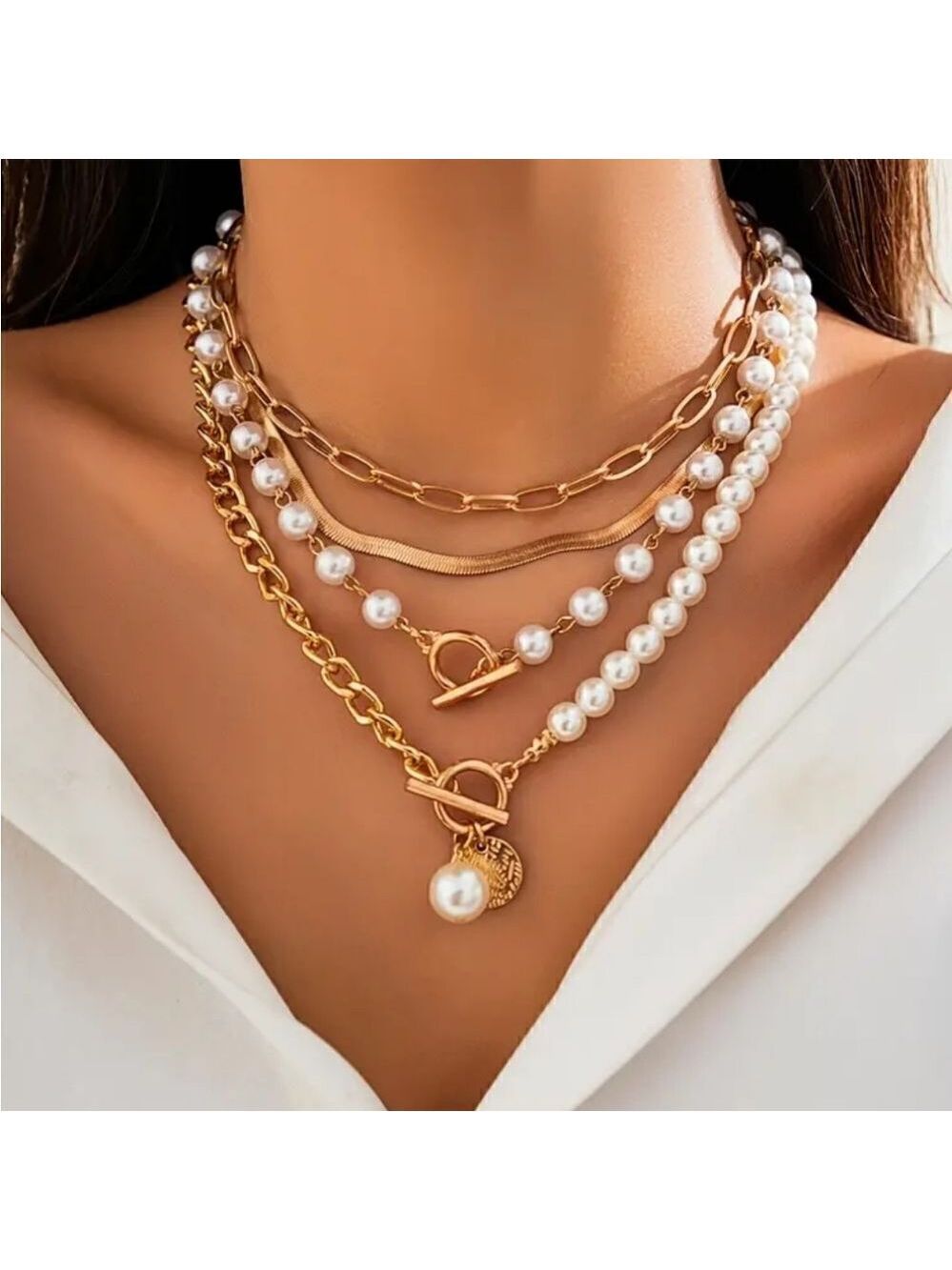 Golden Chain Lab Pearl Decor Pendant Necklaces Set 4 Pieces